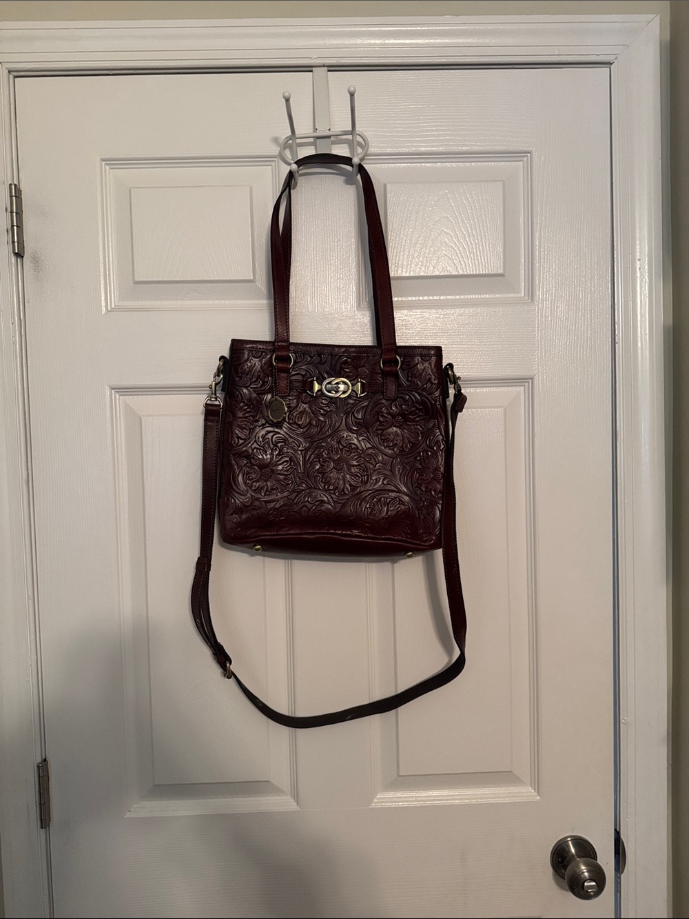 Embossed Floral Leather Tote Bag - Burgundy/Brown